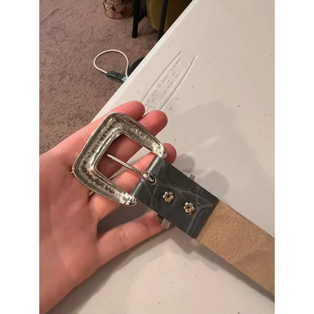 Vintage 90s Gray Vegan Snake Skin Leather Chunky Silver Buckle Belt Size Small